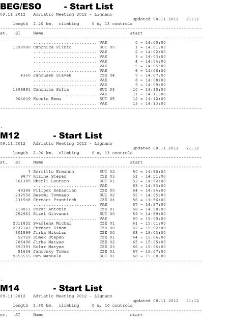 Start List Lignano - orienteering.it