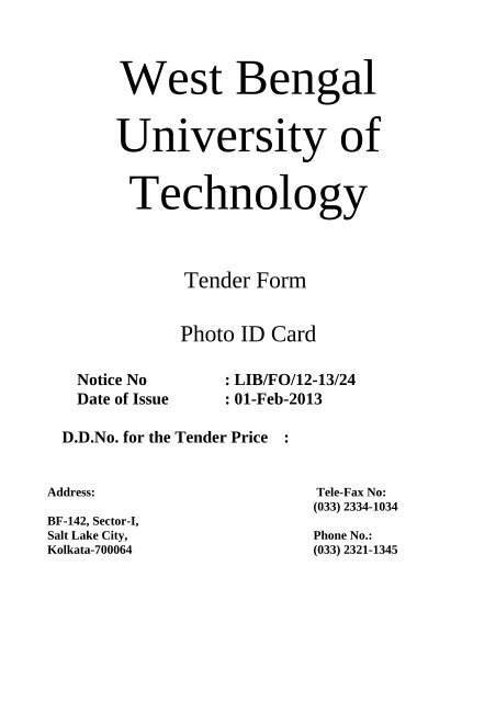 Tender Paper for Photo ID card (last date 21/2/2013) - WBUT