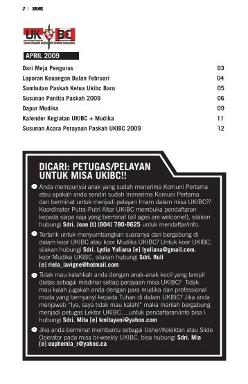 DICARI: PETUGAS/PELAYAN UNTUK MISA UKIBC!!