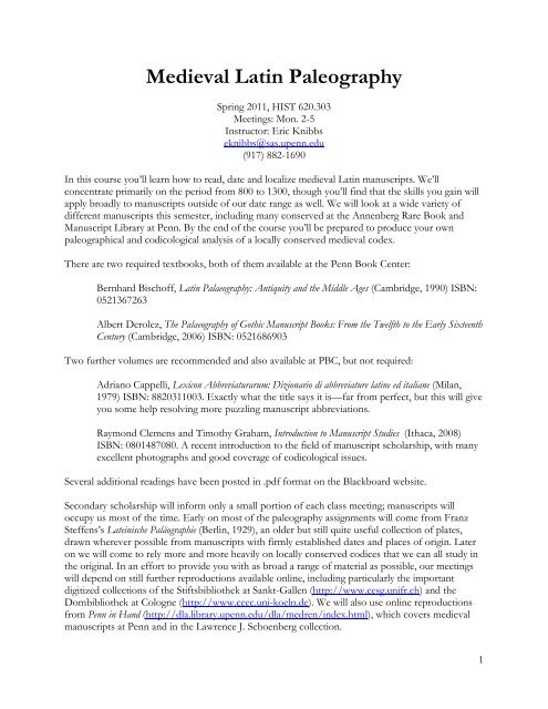 Medieval Latin Paleography - University of Pennsylvania