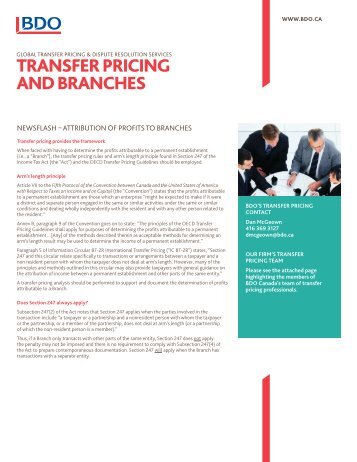 TRANSFER PRICING AND BRANCHES - BDO Canada