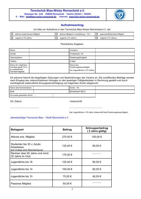 Anmeldeformular und Satzung - Tennisclub Blau-Weiss Remscheid