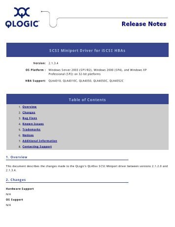 SCSI Miniport Driver for iSCSI HBAs Release Notes - QLogic