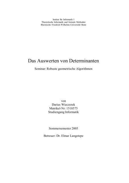 Das Auswerten von Determinanten - UniversitÃ¤t Bonn