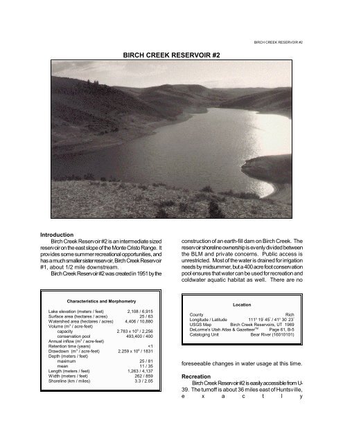 BIRCH CREEK RESERVOIR #2 - Division of Water Quality