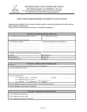 Application form for Radio Telemetry System Licence - ICTA