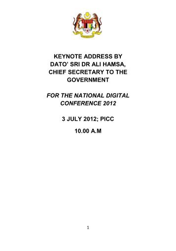 keynote address by dato' sri dr ali hamsa, chief secretary to the ...