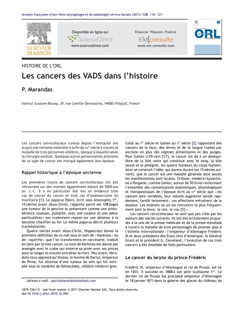 Les cancers ORL dans la grande Histoire