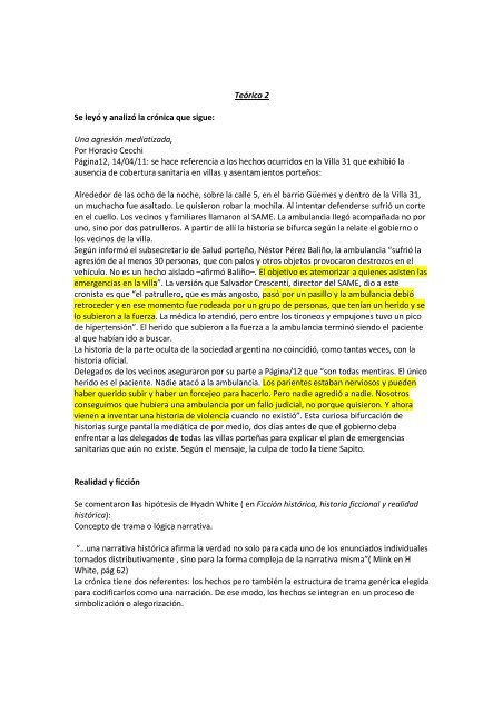 TeÃ³rico 2 Se leyÃ³ y analizÃ³ la crÃ³nica que sigue - Taller de ...