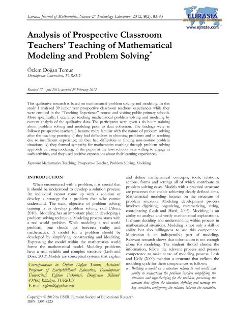 Teaching of Mathematical Modeling and Problem Solving