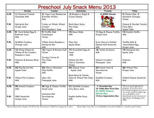 Preschool July Snack Menu 2013