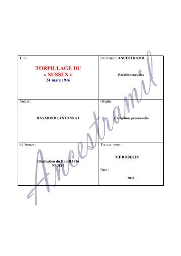 TORPILLAGE DU « SUSSEX » - Ancestramil