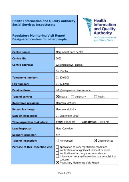 Marymount Care Centre, 65, nursing home inspection report - hiqa.ie