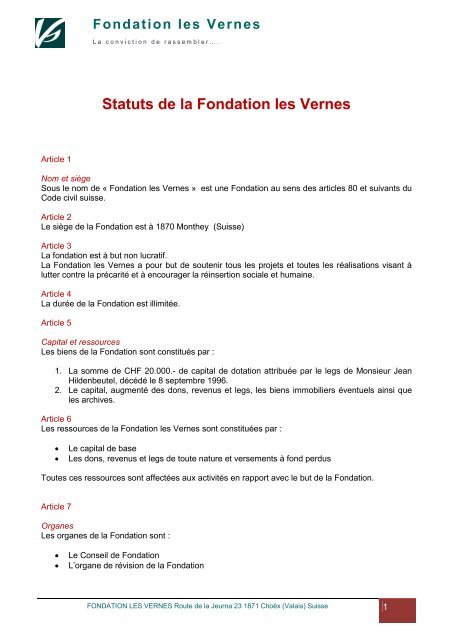 Statuts de la Fondation les Vernes