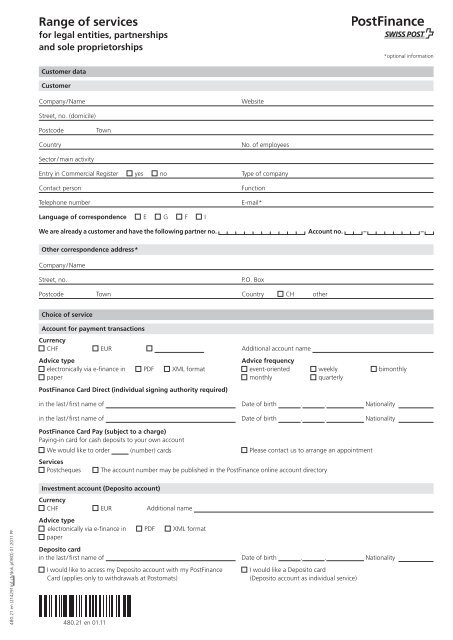 Services for business customers form (PDF) - Postfinance