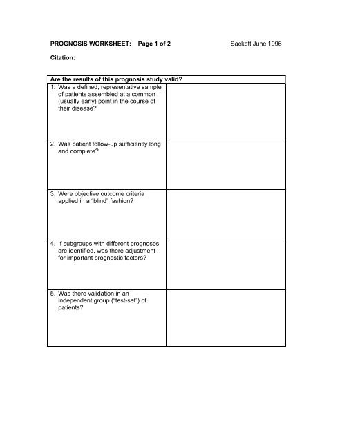 Prognosis Worksheet Page 1 Of 2 Sackett June 1996 Citation