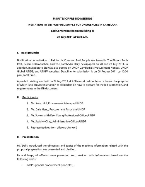 Pre-bid meeting minutes for fuel ITB.pdf - United Nations in Cambodia