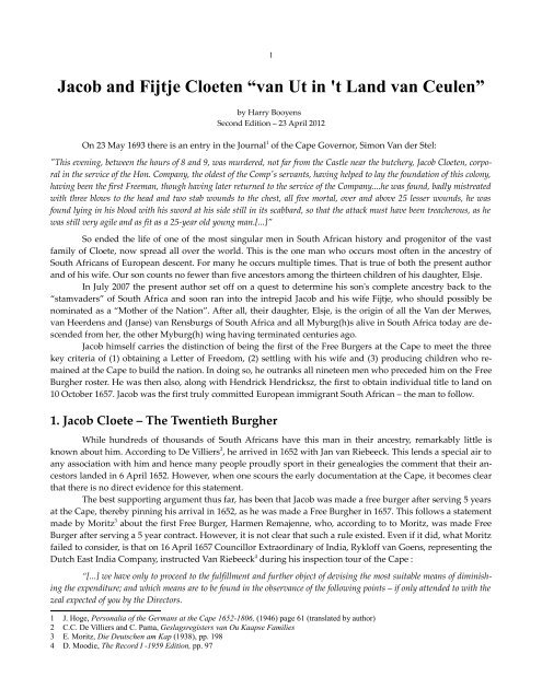 Jacob And Fijtje Cloeten A œvan Ut In T Land Van Ceulena E Family