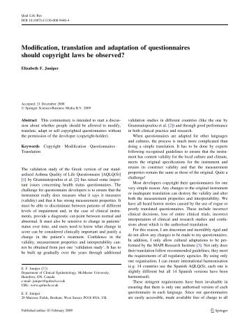 Modification, translation and adaptation of questionnaires should ...