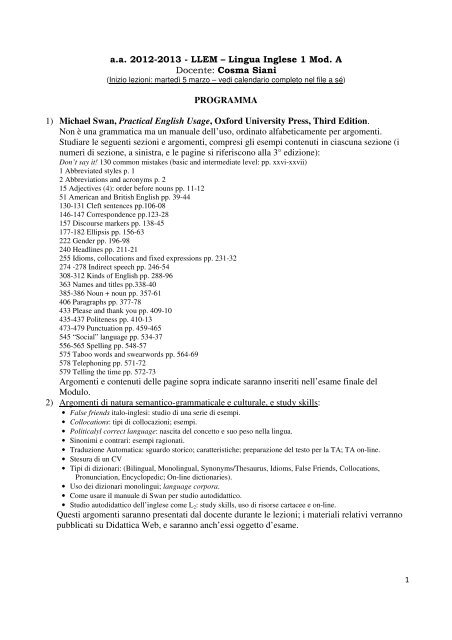 Lingua Inglese 1 Mod. A Docente: Cosma Siani PROGRAMMA 1 ...