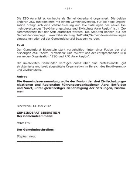 Einladung zur Einwohnergemeindeversammlung vom ... - Biberstein