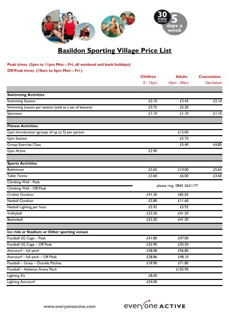 Basildon Sporting Village Price List Everyone Active