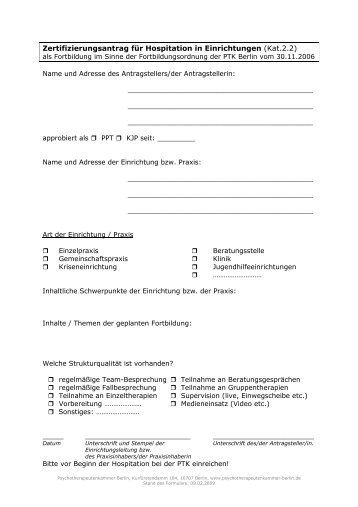 Antrag auf Zertifizierung einer Hospitation als Fortbildung (PDF, 43 kb)