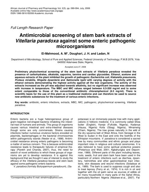Antimicrobial screening of stem bark extracts of ... - Science Stage