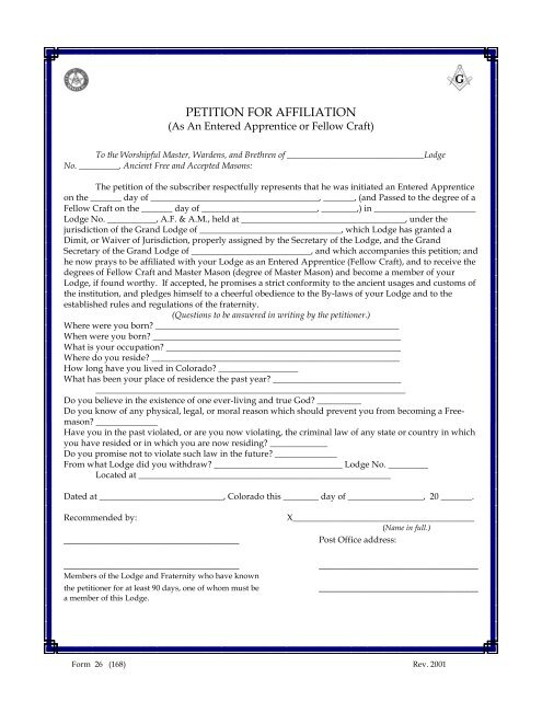 PETITION FOR AFFILIATION - Grand Lodge of Colorado