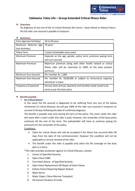 Group Extended Critical Illness Rider - Edelweiss Tokio Life Insurance