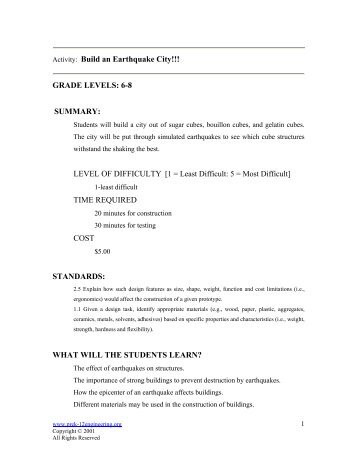 Activity: Build an Earthquake City!!! GRADE LEVELS: 6-8 ... - ISL