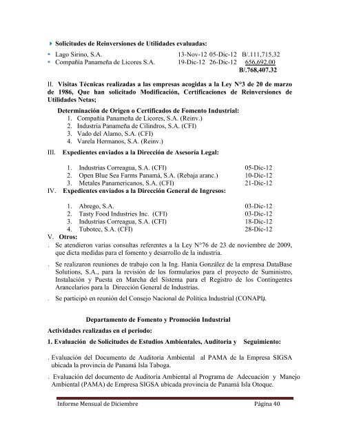 INFORME MENSUAL - Ministerio de Comercio e Industrias