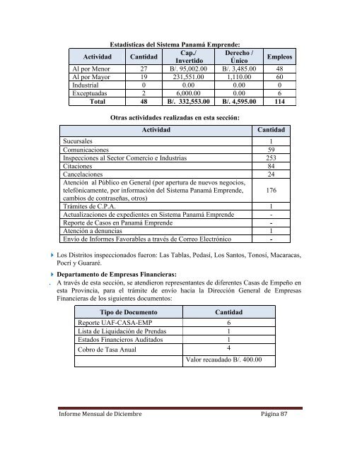 INFORME MENSUAL - Ministerio de Comercio e Industrias