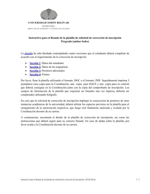 Instructivo Para El Llenado De La Planilla De Solicitud De Correccion De Inscripcion V2