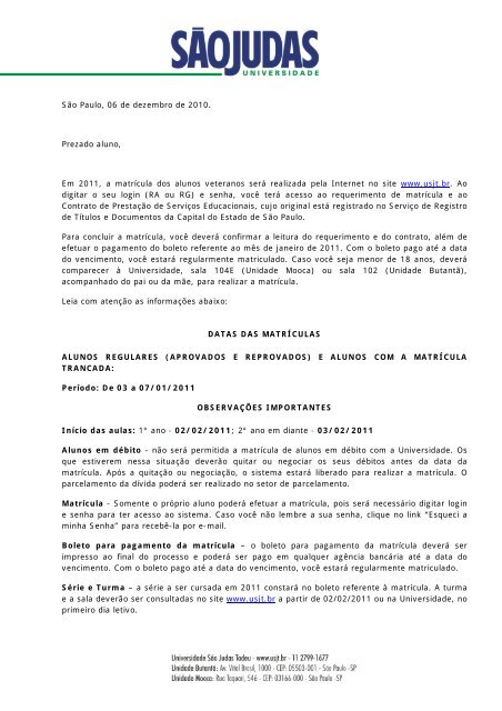 Carta aos alunos 2013 - Portal da USJT