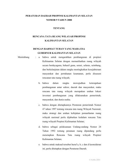 peraturan daerah propinsi kalimantan selatan nomor 9 tahun 2000 ...