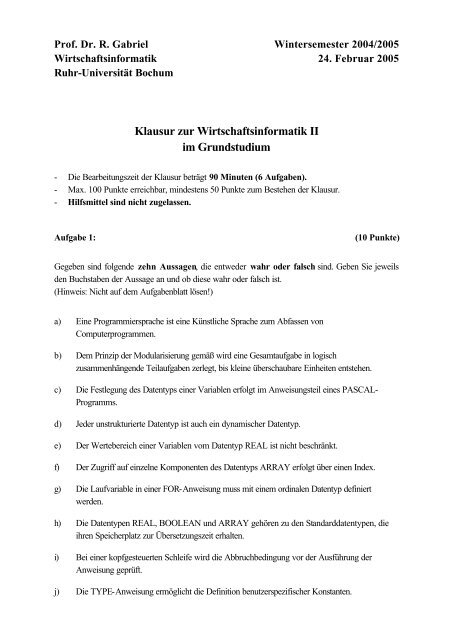 Klausur zur Wirtschaftsinformatik II im Grundstudium