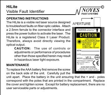 User Guide - Noyes Hi-Lite Visual Fault Finder - Fiber Optic Center ...