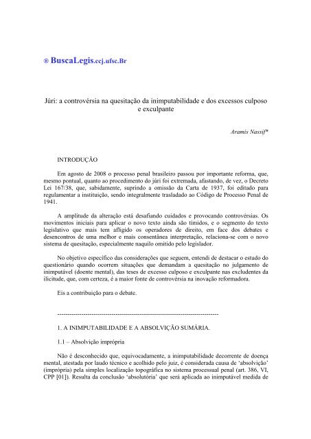 JÃºri: a controvÃ©rsia na quesitaÃ§Ã£o da inimputabilidade ... - BuscaLegis