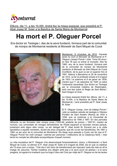 Ha mort el P. Oleguer Porcel - Abadia de Montserrat