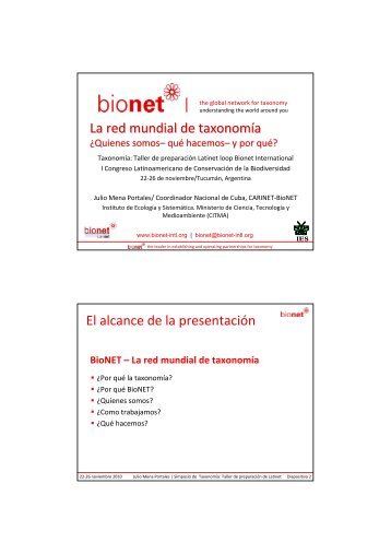| La red mundial de taxonomÃ­a El alcance de la presentaciÃ³n - BioNET