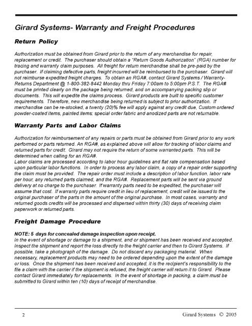 Girard Systems- Warranty and Freight Procedures