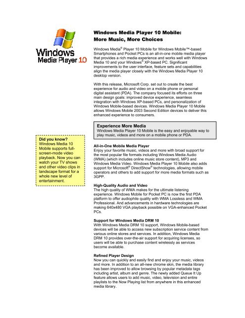 Windows Media Player 10 Mobile: More Music, More ... - Microsoft
