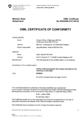OIML CERTIFICATE OF CONFORMITY - ISOIL INDUSTRIA ::: ISOMAG