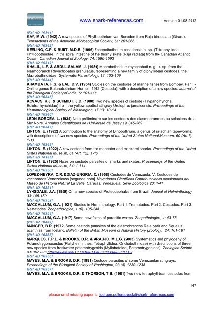 Host - Parasites List (version: 01.08.2012) - Shark-References