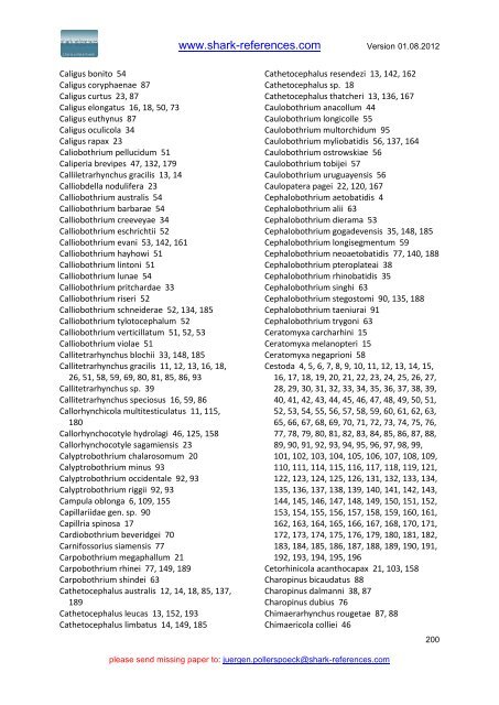 Host - Parasites List (version: 01.08.2012) - Shark-References