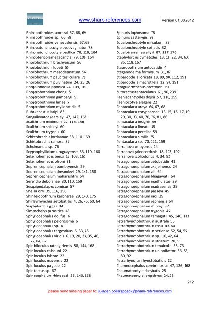 Host - Parasites List (version: 01.08.2012) - Shark-References