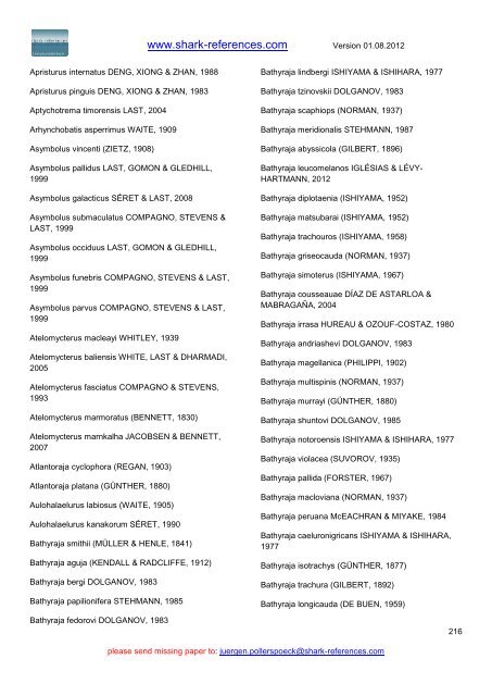 Host - Parasites List (version: 01.08.2012) - Shark-References