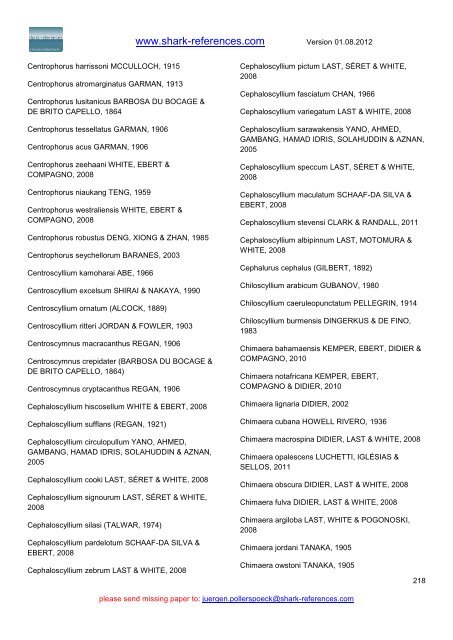 Host - Parasites List (version: 01.08.2012) - Shark-References