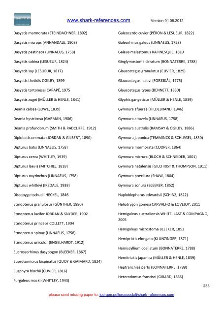 Host - Parasites List (version: 01.08.2012) - Shark-References